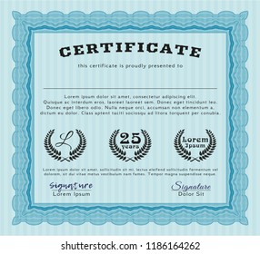 Light blue Certificate template or diploma template. With quality background. Excellent design. Vector illustration. 