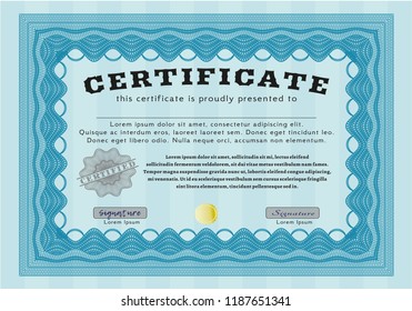 Light blue Certificate template or diploma template. Superior design. With guilloche pattern and background. Detailed. 