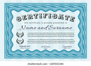 Light blue Certificate template or diploma template. Lovely design. With complex background. Customizable, Easy to edit and change colors. 