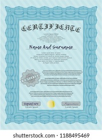 Light blue Certificate template or diploma template. Superior design. Vector illustration. With guilloche pattern. 