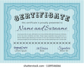 Light blue Certificate template or diploma template. Money design. With guilloche pattern and background. Vector illustration. 