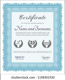 Light blue Certificate template or diploma template. Cordial design. Vector illustration. Easy to print. 