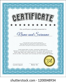 Light blue Certificate template or diploma template. With guilloche pattern. Vector illustration. Modern design. 