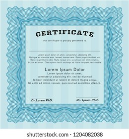 Light blue Certificate template or diploma template. With complex background. Detailed. Excellent design. 