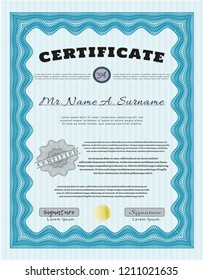 Light blue Certificate template or diploma template. With great quality guilloche pattern. Vector illustration. Artistry design. 