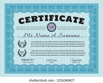 Light blue Certificate template or diploma template. Cordial design. Customizable, Easy to edit and change colors. Complex background. 