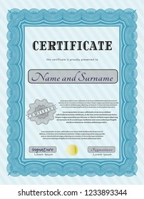 Light blue Certificate template or diploma template. Retro design. Detailed. With great quality guilloche pattern. 