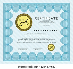 Light blue Certificate template or diploma template. Superior design. Vector illustration. Printer friendly. 