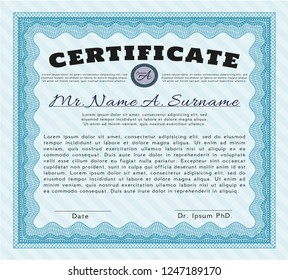 Light blue Certificate template or diploma template. Detailed. With guilloche pattern and background. Retro design. 
