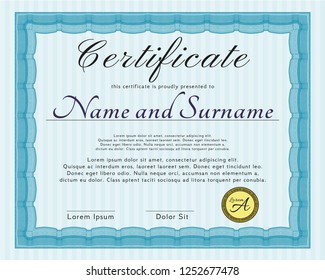 Light blue Certificate template or diploma template. Money Pattern. With complex linear background. Detailed. 