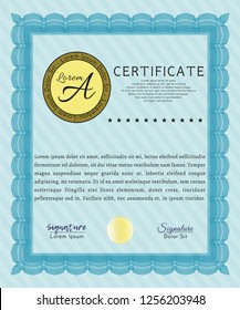 Light blue Certificate template or diploma template. With linear background. Vector illustration. Money style design. 