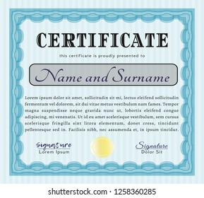 Light blue Certificate template or diploma template. With complex linear background. Money style design. Vector illustration. 
