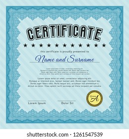 Light blue Certificate template or diploma template. With complex linear background. Detailed. Excellent design. 