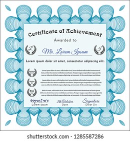 Light blue Certificate template or diploma template. Money Pattern. Detailed. With guilloche pattern. 