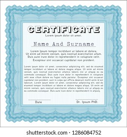 Light blue Certificate template or diploma template. Perfect design. With guilloche pattern. Detailed. 