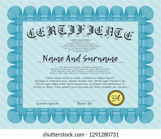 Light blue Certificate template or diploma template. With guilloche pattern. Detailed. Sophisticated design. 