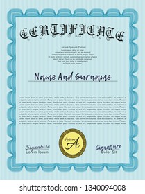 Light blue Certificate template or diploma template. Money Pattern. Vector illustration. Complex background. 