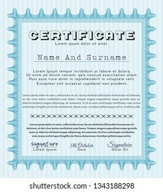 Light blue Certificate template or diploma template. With complex linear background. Retro design. Vector illustration. 