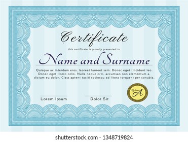 Light blue Certificate template or diploma template. Customizable, Easy to edit and change colors. With linear background. Money Pattern design. 