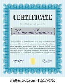 Light blue Certificate template or diploma template. With quality background. Vector illustration. Sophisticated design. 