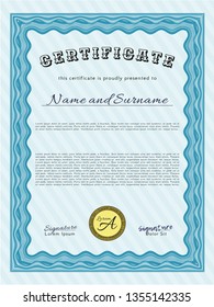 Light blue Certificate template or diploma template. Cordial design. With quality background. Vector illustration. 