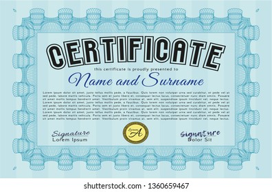 Light blue Certificate template or diploma template. With background. Retro design. Vector illustration. 