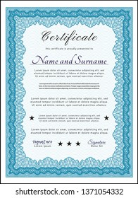 Light blue Certificate template or diploma template. Vector illustration. Complex background. Superior design. 