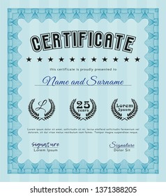 Light blue Certificate template or diploma template. Detailed. Complex background. Cordial design. 