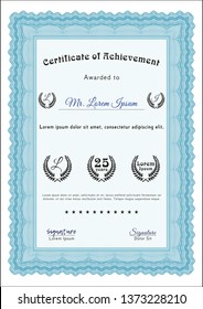 Light blue Certificate template or diploma template. Nice design. Detailed. With complex background. 