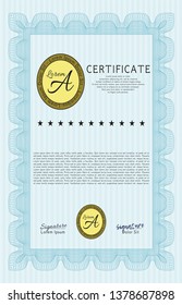 Light blue Certificate template or diploma template. Money style design. Vector illustration. With background. 