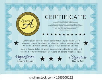 Light blue Certificate template or diploma template. Superior design. With complex background. Detailed. 