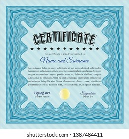 Light blue Certificate template or diploma template. Vector illustration. With background. Money Pattern design. 