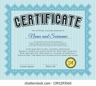 Light blue Certificate template or diploma template. Excellent design. Customizable, Easy to edit and change colors. With great quality guilloche pattern. 