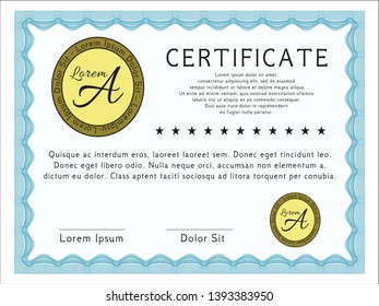 Light blue Certificate template or diploma template. Vector illustration. With guilloche pattern. Artistry design. 