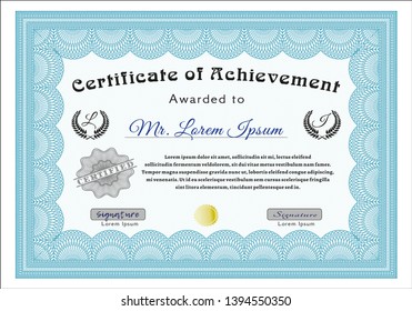 Light blue Certificate template or diploma template. Easy to print. Elegant design. Detailed. 