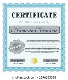 Light blue Certificate template or diploma template. With guilloche pattern and background. Detailed. Excellent design. 