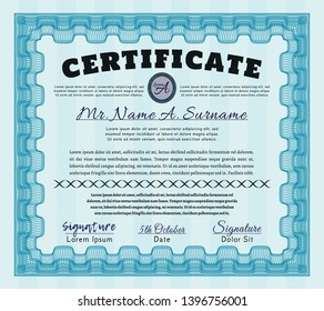 Light blue Certificate template or diploma template. With great quality guilloche pattern. Retro design. Vector illustration. 