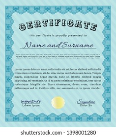 Light blue Certificate template or diploma template. Customizable, Easy to edit and change colors. With guilloche pattern. Retro design. 