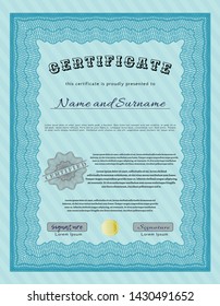 Light blue Certificate template or diploma template. Sophisticated design. Detailed. With quality background. 