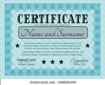 Light blue Certificate template or diploma template. With great quality guilloche pattern. Detailed. Money style design. 