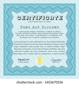 Light blue Certificate template or diploma template. With background. Excellent design. Detailed. 
