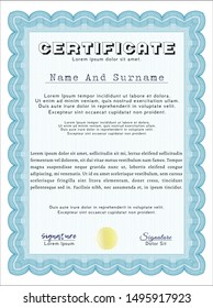 Light blue Certificate template or diploma template. With complex linear background. Detailed. Superior design. 