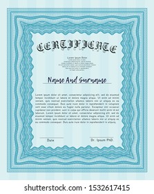 Light blue Certificate template or diploma template. Artistry design. Vector illustration. Printer friendly. 