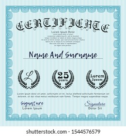 Light blue Certificate template or diploma template. Customizable, Easy to edit and change colors. With great quality guilloche pattern. Retro design. 