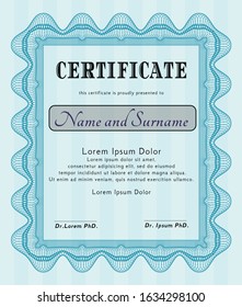 Light blue Certificate template or diploma template. With linear background. Detailed. Retro design. 