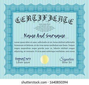 Light blue Certificate template or diploma template. Artistry design. With linear background. Detailed. 