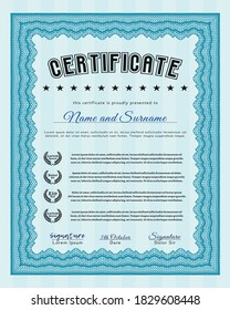 Plantilla de certificado azul claro o plantilla de diploma.  Excelente diseño.  Con patrón de guilloche y fondo.  Personalizable, fácil de editar y cambiar los colores. 