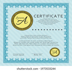 Light blue Certificate template or diploma template.  Superior design.  With great quality guilloche pattern.  Detailed. 
