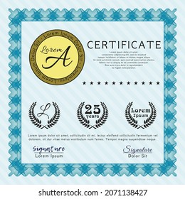 Light blue Certificate template or diploma template.  Money design.  With great quality guilloche pattern.  Vector illustration. 