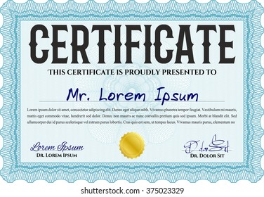 Plantilla de certificado azul claro o plantilla de diploma. Diseño de belleza. Fondo complejo. Patrón vectorial que se utiliza en moneda y diplomas.
